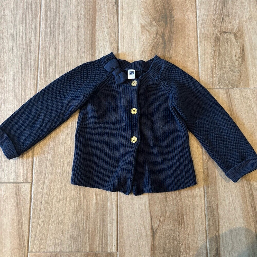 Janie and Jack Cardigan Sweater Girls Size 4 Navy Blue Bow Gold Buttons